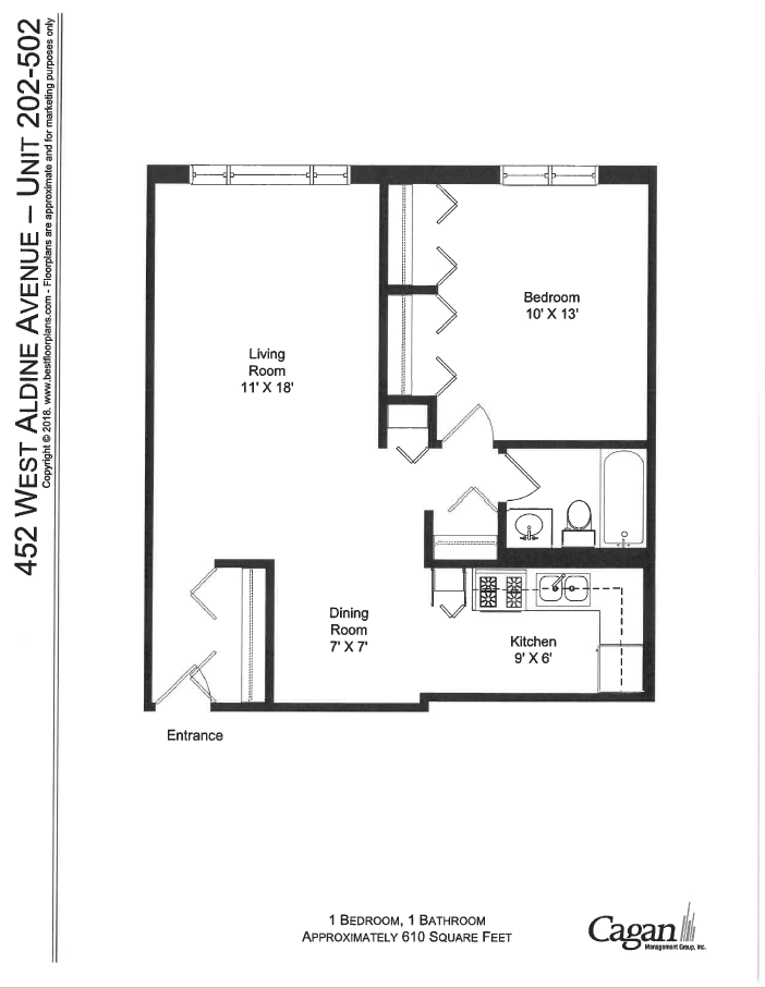 Floor plan for 1 bed, 1 bath, 632 sqft